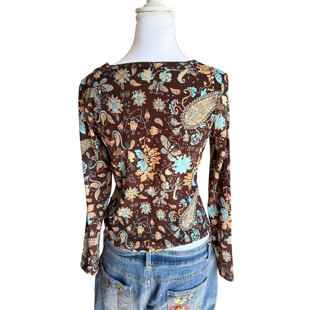 Otto‎ Sumisho Y2K Womens Brown Paisley Floral V-Neck Long Sleeve Size M Boho VTG - Picture 3 of 6